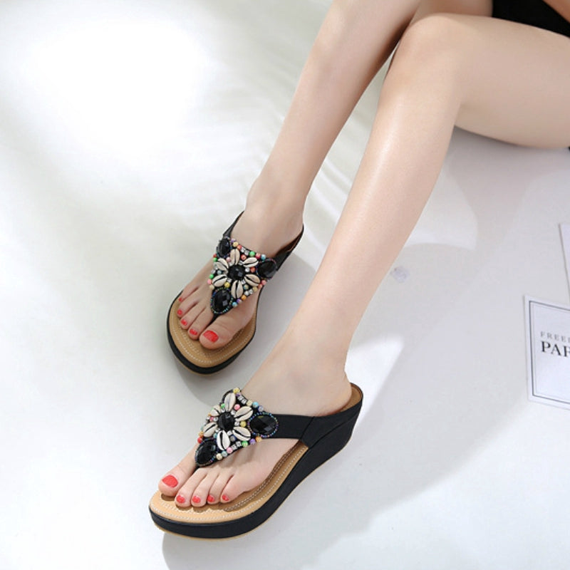 IELGY Large size sandals women leisure beach bohemian beaded 5cm wedge
