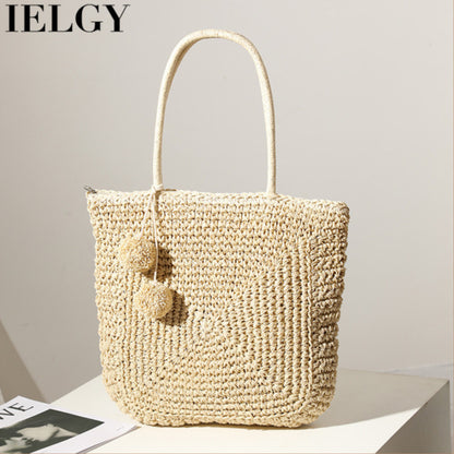 Ielgy Cute Fur Ball Straw Bag All-Match Large-Capacity Hand-Woven One-Shoulder Portable Be