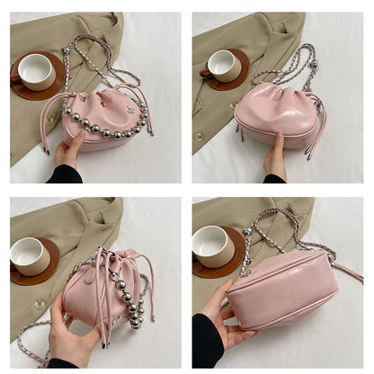 Ielgy Simple Fashion Bucket Female Bag Silver Shoulder Messenger Bag Drawstring Butterfly Eel Portable Small Square Bag