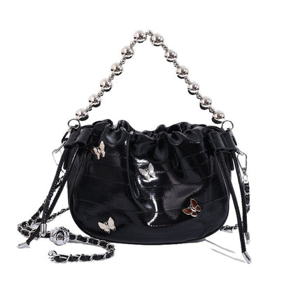 Ielgy Simple Fashion Bucket Female Bag Silver Shoulder Messenger Bag Drawstring Butterfly Eel Portable Small Square Bag