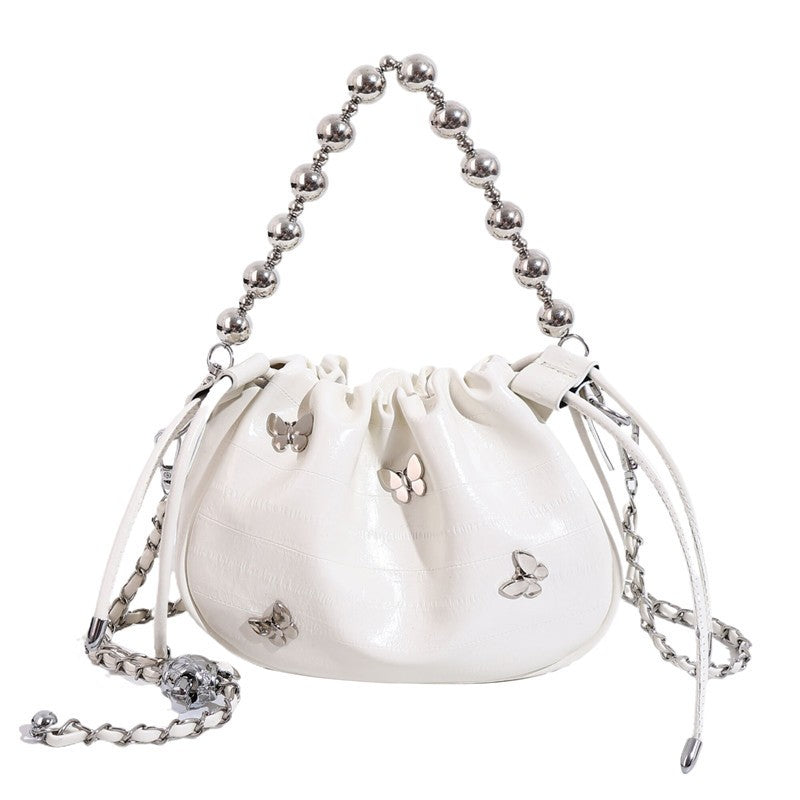 Ielgy Simple Fashion Bucket Female Bag Silver Shoulder Messenger Bag Drawstring Butterfly Eel Portable Small Square Bag