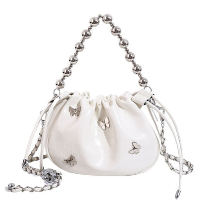 Ielgy Simple Fashion Bucket Female Bag Silver Shoulder Messenger Bag Drawstring Butterfly Eel Portable Small Square Bag