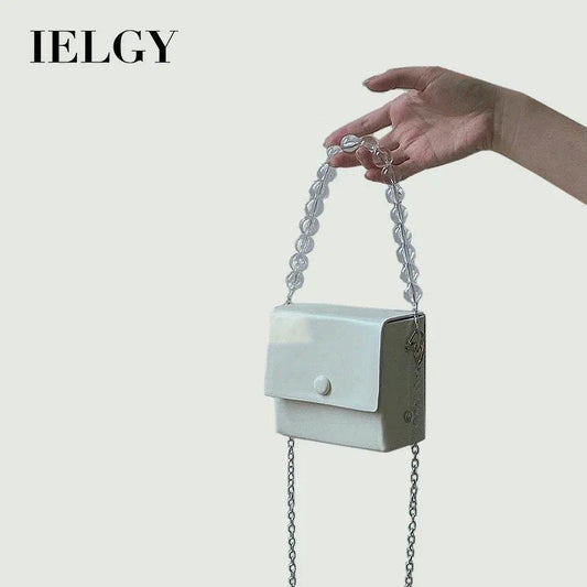 IELGY Small group retro pearl bag girl summer chain small square bag oblique bag girl cute handbag