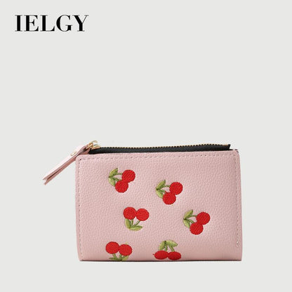 IELGY vertical cherry embroidery short ladies small wallet