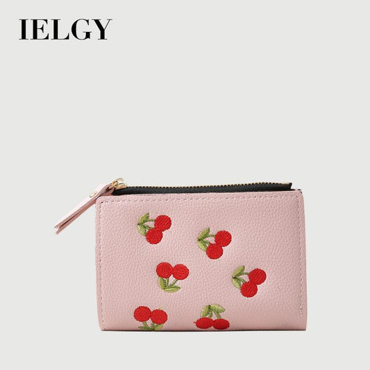 IELGY vertical cherry embroidery short ladies small wallet