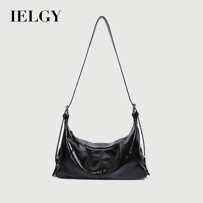 IELGY retro oil wax leather messenger bag, crescent bag, large-capacity versatile single shoulder wide shoulder strap textured women's bag