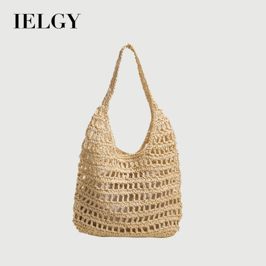 Ielgy French Large-Capacity One-Shoulder Straw Bag Seaside Vacation Hollow Tote Portable Beach Bag