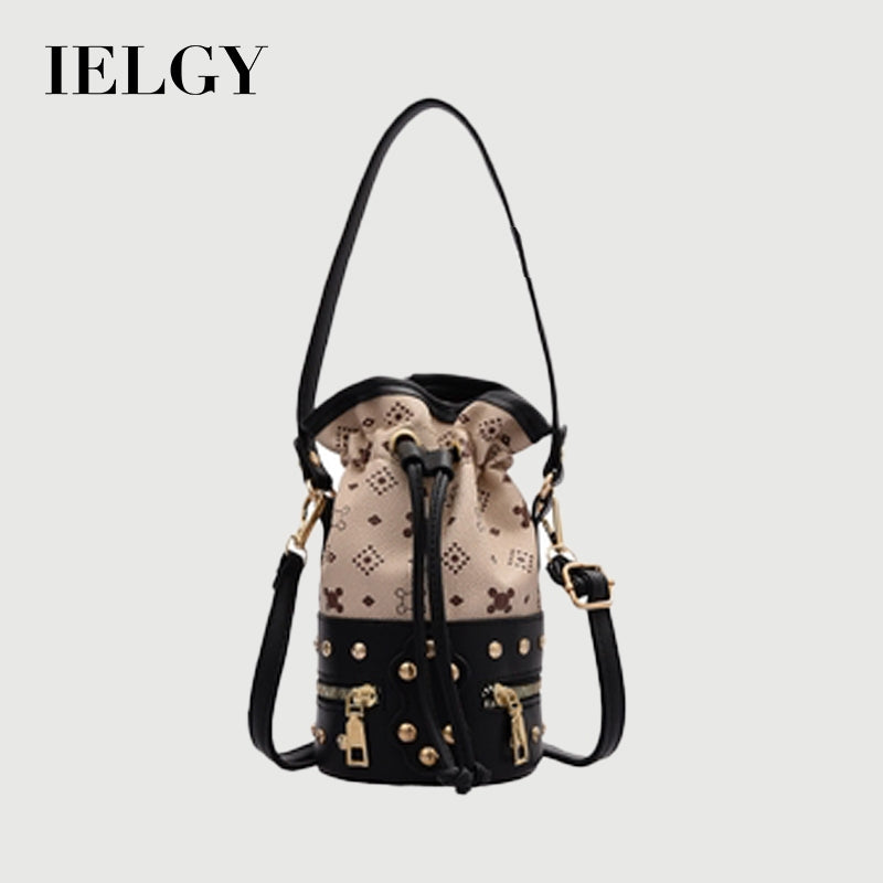 IELGY Women's bag bucket crossbody casual PU retro fashion rivet black all-match