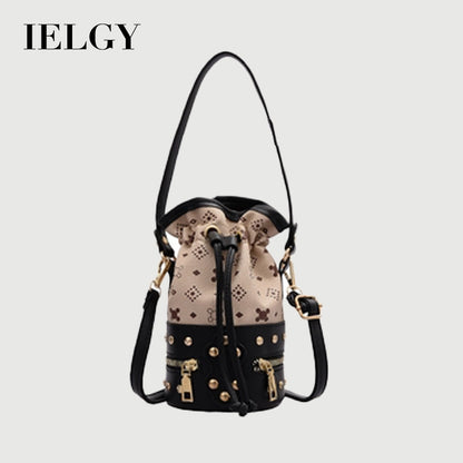 IELGY Women's bag bucket crossbody casual PU retro fashion rivet black all-match