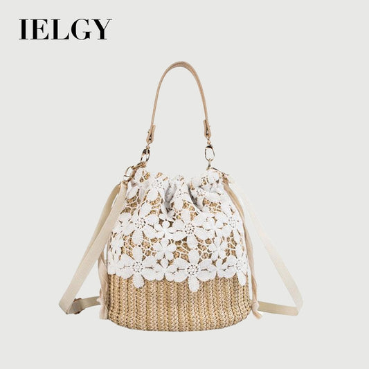 IELGY One shoulder Commuting Bucket type Solid color Rattan Lace Soft surface Women's messenger bag Casual