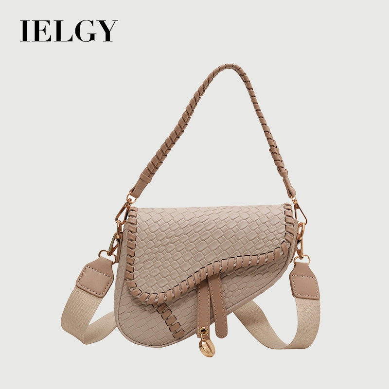 Ielgy Ladies Fashion One-Shoulder Messenger Bag Imitation Woven Fabric Large-Capacity Portable Saddle Bag