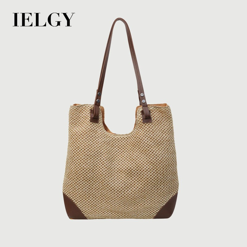 Ielgy Ladies Hand-Woven Straw Woven All-Match Large-Capacity Retro One-S