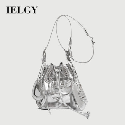 Ielgy Ladies All-Match Drawstring Silver Female Bag Fashion Bucket Bag Rivet Motorcycle Bag Casual Commuter Shoulder Messenger