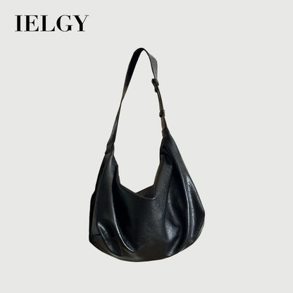 Ielgy Soft Leather Large-Capacity Black Dumpling Bag Retro High-End Casual One-Shoulder Messenger Tote Bag