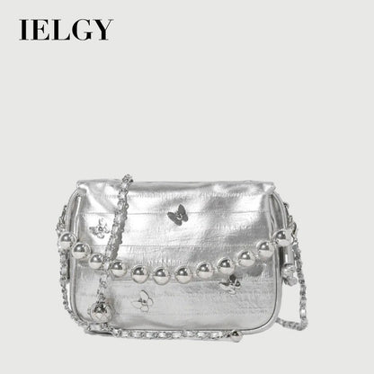 Ielgy Simple Fashion Bucket Female Bag Silver Shoulder Messenger Bag Drawstring Butterfly Eel Portable Small Square Bag