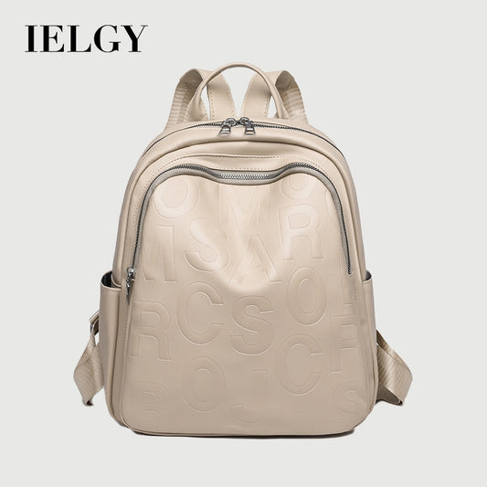 Ielgy Ladies PU Soft Leather Texture Backpack Fashion Letter Printing Travel Bag Simple Lightweight Commuter Bag