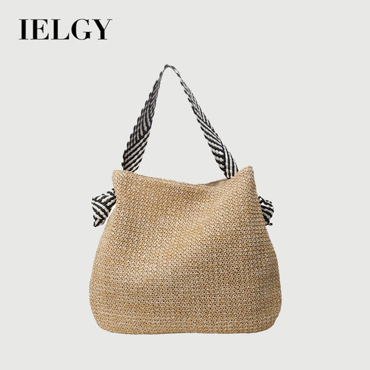 Ielgy Loose Feel Straw Bag Large Capacity Casual One-Shoulder Bucket Bag Woven Seaside Beach Bag