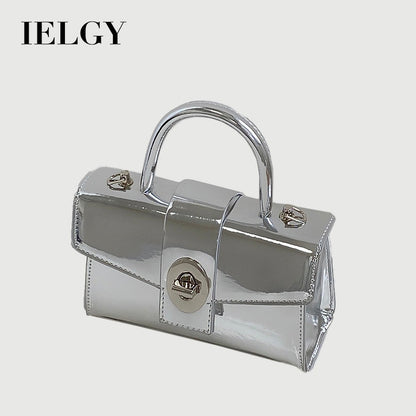Ielgy Ladies Patent Leather Silver Locomotive Small Square Bag Hot Girl Fashion All-Match One-Shoulder Messenger Bag