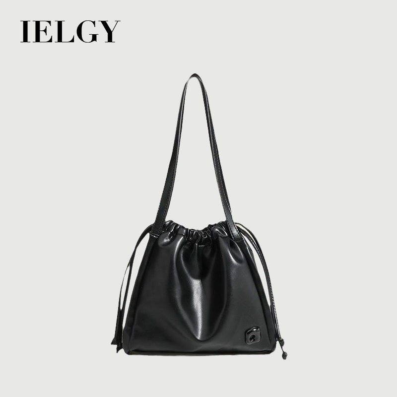 Ielgy Black Large Capacity Drawstring Tote Bag High-End Texture Niche Commuter Soft Leather Shoulder Bag