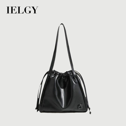 Ielgy Black Large Capacity Drawstring Tote Bag High-End Texture Niche Commuter Soft Leather Shoulder Bag