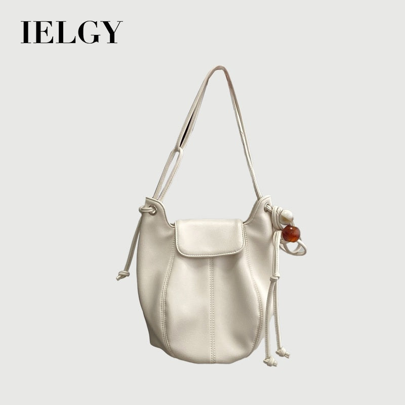 Ielgy Ladies White Simple All-Match Preppy Style High-End Bucket Shoulder Messenger Bag