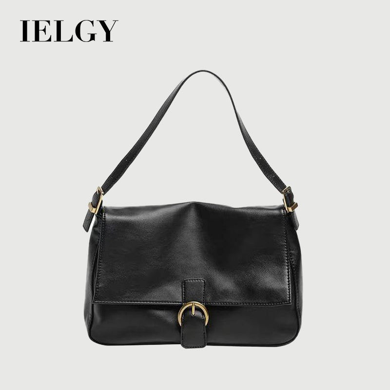 IELGY Large capacity Portable Black One shoulder Diagonal Magnetic buckle Flap Woman's bag Underarm Retro