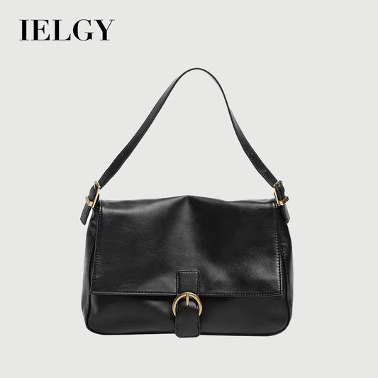 IELGY Large capacity Portable Black One shoulder Diagonal Magnetic buckle Flap Woman's bag Underarm Retro