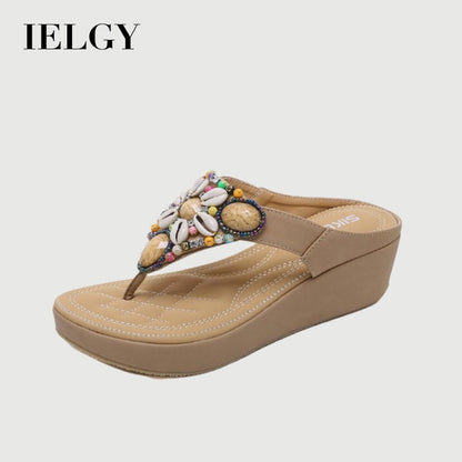 IELGY Large size sandals women leisure beach bohemian beaded 5cm wedge