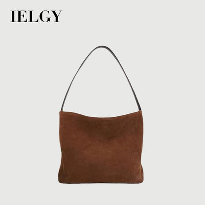 Ielgy Suede Leather Handbag Winter Fashion Old-fashioned Style High-End Lazy Style Tote Bag Retro Large-Capacity Shoulder Bag