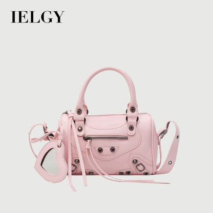 Ielgy High-End Rivets Hot Girl Style Texture Boston Handbag Niche One-Shoulder Messenger Motorcycle Bag