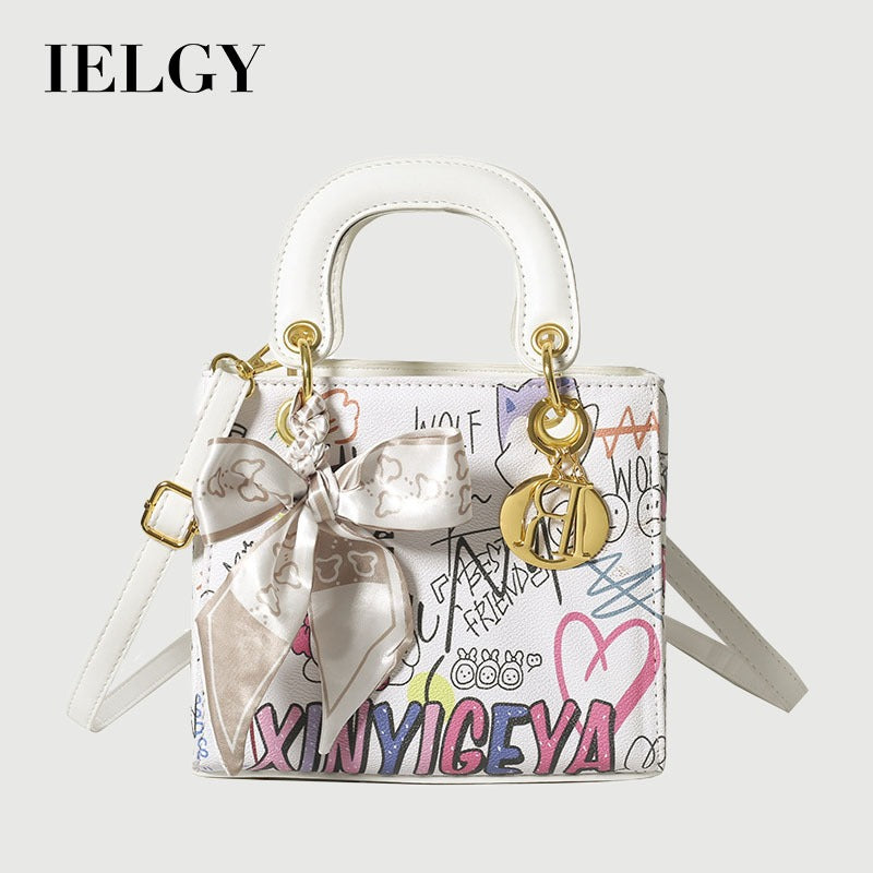 Ielgy Ladies Fashion Silk Scarf Graffiti Contrast Color Diana Bag Portable One-Shoulder Diagonal