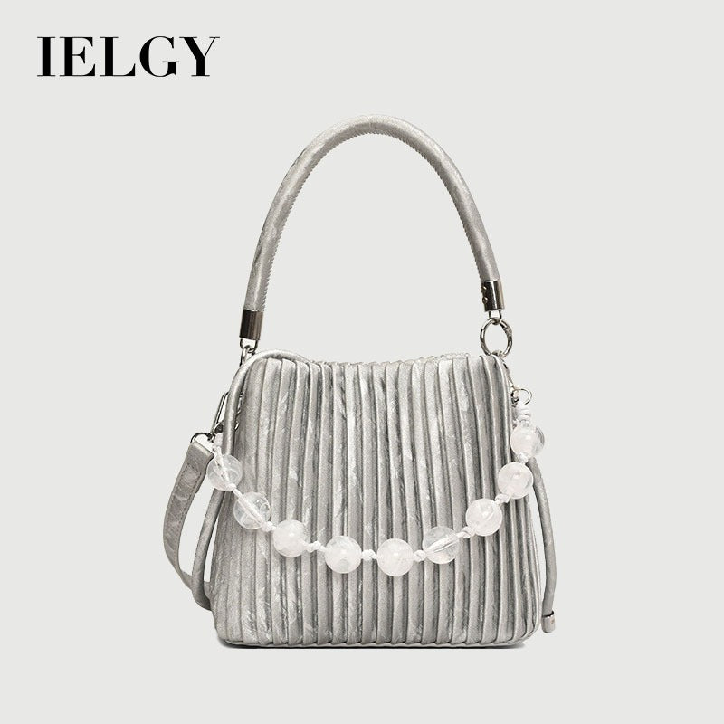 Ielgy Ladies Niche Pleated All-Match Messenger Bag Fashion Beaded Portable Bucket Bag