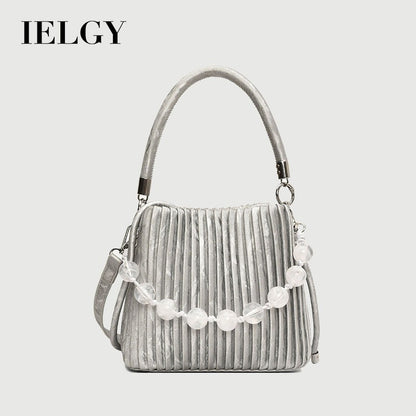 Ielgy Ladies Niche Pleated All-Match Messenger Bag Fashion Beaded Portable Bucket Bag