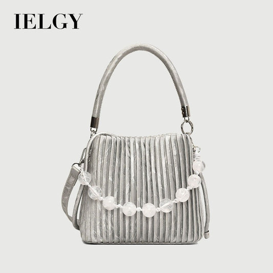 Ielgy Ladies Niche Pleated All-Match Messenger Bag Fashion Beaded Portable Bucket Bag