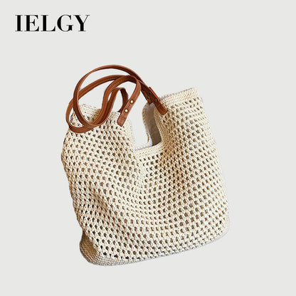 Ielgy Ladies Large-Capacity One-Shoulder Cotton Thread Woven Bag Hollow Mesh Pattern Tote Bag Seaside V