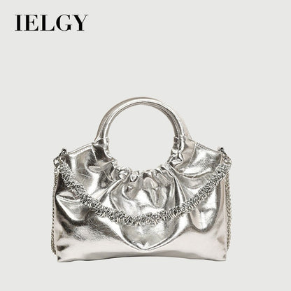 Ielgy Ladies Portable Pleated Bag Chain Silver Crossbody Cloud Bag