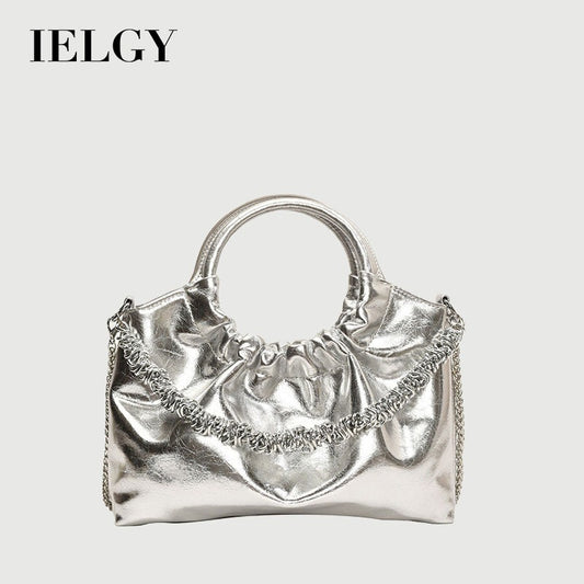Ielgy Ladies Portable Pleated Bag Chain Silver Crossbody Cloud Bag