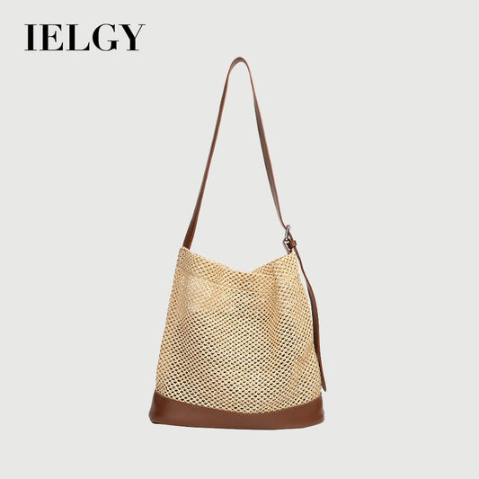 Ielgy Japanese Casual Stitching Child-Mother Bag Vacation Beach Straw Woven One-Shoulder Messenger Fe