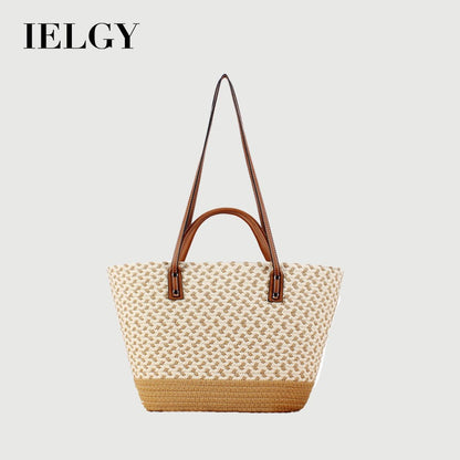 Ielgy Bohemian Style Hand-Woven Bag Seaside Vacation Travel Straw Woven Large Capacity Leisure Simple Commuter Female Bag