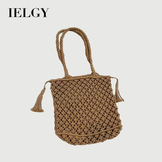 Ielgy Ladies Hollow Cotton Thread Woven Bag One Shoulder Tassel Straw Woven Holiday Style Beach Bag All-Match