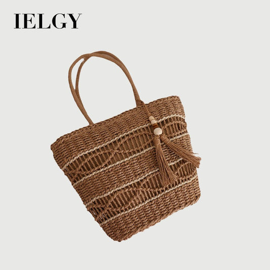 Ielgy Fashion Hollow One-Shoulder Straw Bag Tassel Portable Woven Holiday Style Beach Female Bag