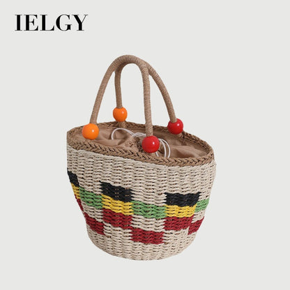 Ielgy Cute Wooden Bead Portable Straw Bag Small Fresh Colorful Lattice Hand-Carrying Woven Bag Fruit Picnic Basket Beach Bag