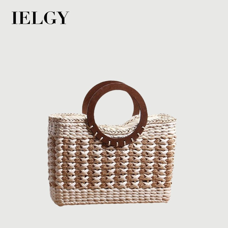 Ielgy Ladies Retro Striped Straw Bag Mori Series Large Capacity Vacation Rattan Beach Bag