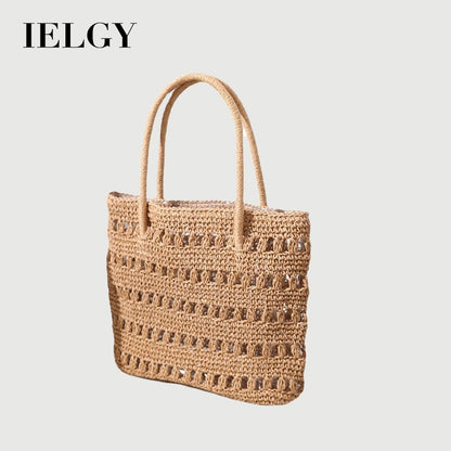 Ielgy Large-Capacity Straw Bag Hollow Classy One-Shoulder Portable Woven Female Bag Vacation Rattan