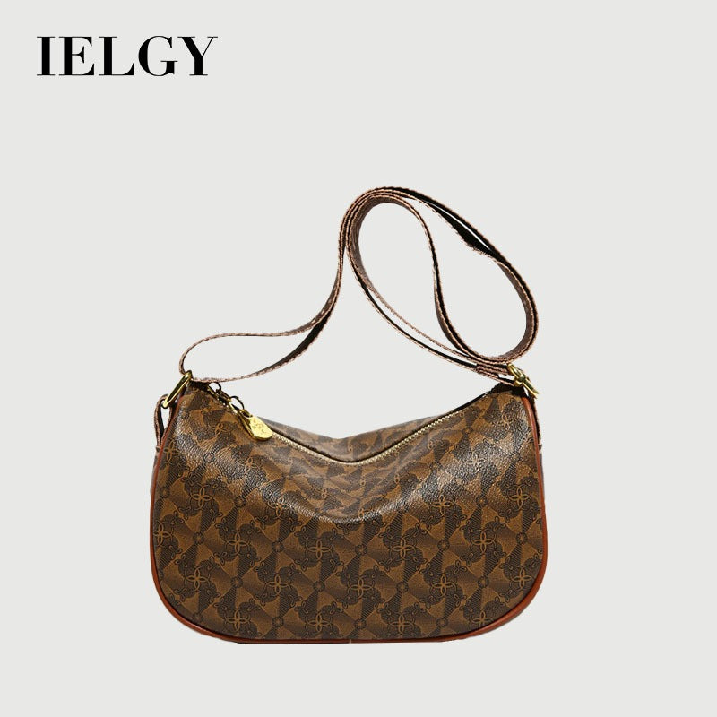 Ielgy Ladies Brown Casual Simple All-Match Embossed High-End Sense One-Shoulder Diagon