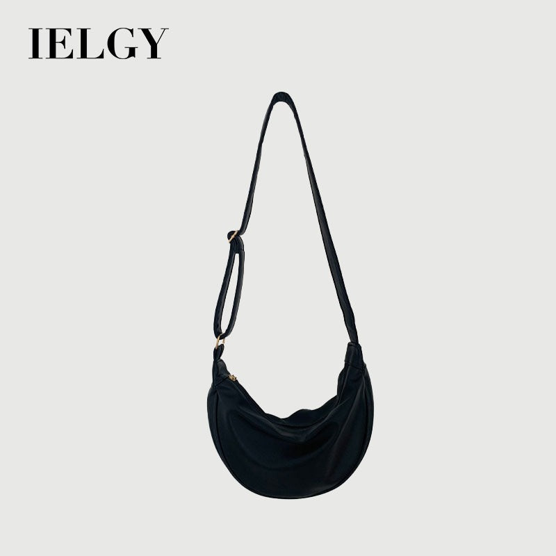 Ielgy Ladies Black PU Soft Leather Dumpling Bag Korean Version Shoulder Niche Crossbody Bag