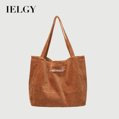 Ielgy Japanese Casual Literary Handbag Letter Embroidery Canvas Shopping Bag Fashion Corduroy Shoulder Bag