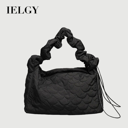 Ielgy Japanese Casual Drawstring Canvas Underarm Bag Fashion Embroidery Thread One Shoulder Pleated Quilted Messenger