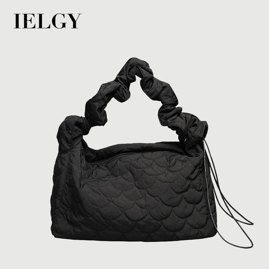 Ielgy Japanese Casual Drawstring Canvas Underarm Bag Fashion Embroidery Thread One Shoulder Pleated Quilted Messenger