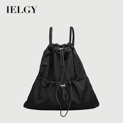 Ielgy Japanese Casual Art Canvas Backpack Fashion Drawstring Pleated School Bag Nylon Large-Capacity Backpack Khaki